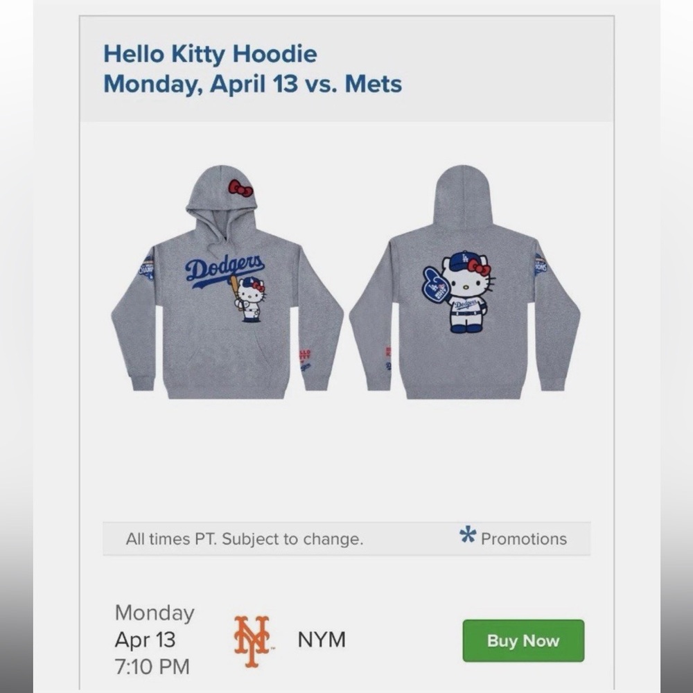 NWT Hello Kitty Dodgers Hoodie 4/13/26 Dodgers v NY Mets Size Medium
